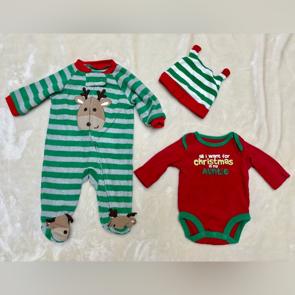 Festive Baby Christmas Organic Cotton & Microfleece Holiday Sleeper Bundle NB-3M - Picture 2 of 7